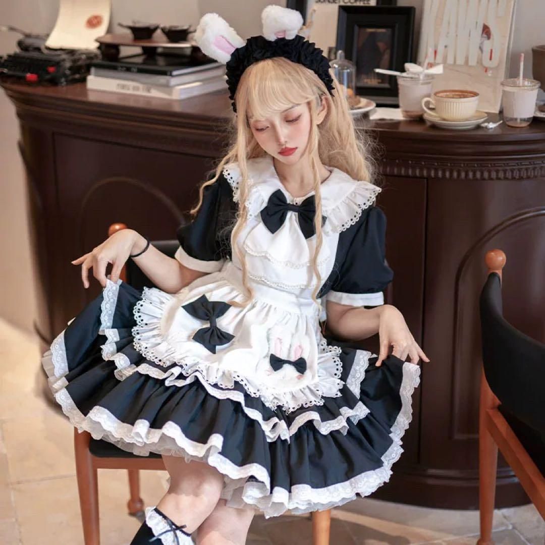 ♥ かわいいうさぎ耳カチューシャ付きひざ丈ワンピース普段着にもメイド風コーデにも