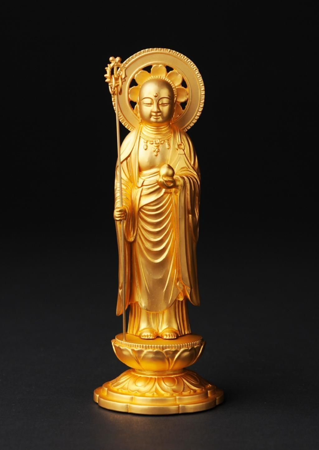 地蔵菩薩 - 円光背 総高15cm 純金メッキ 高岡銅器 仏像