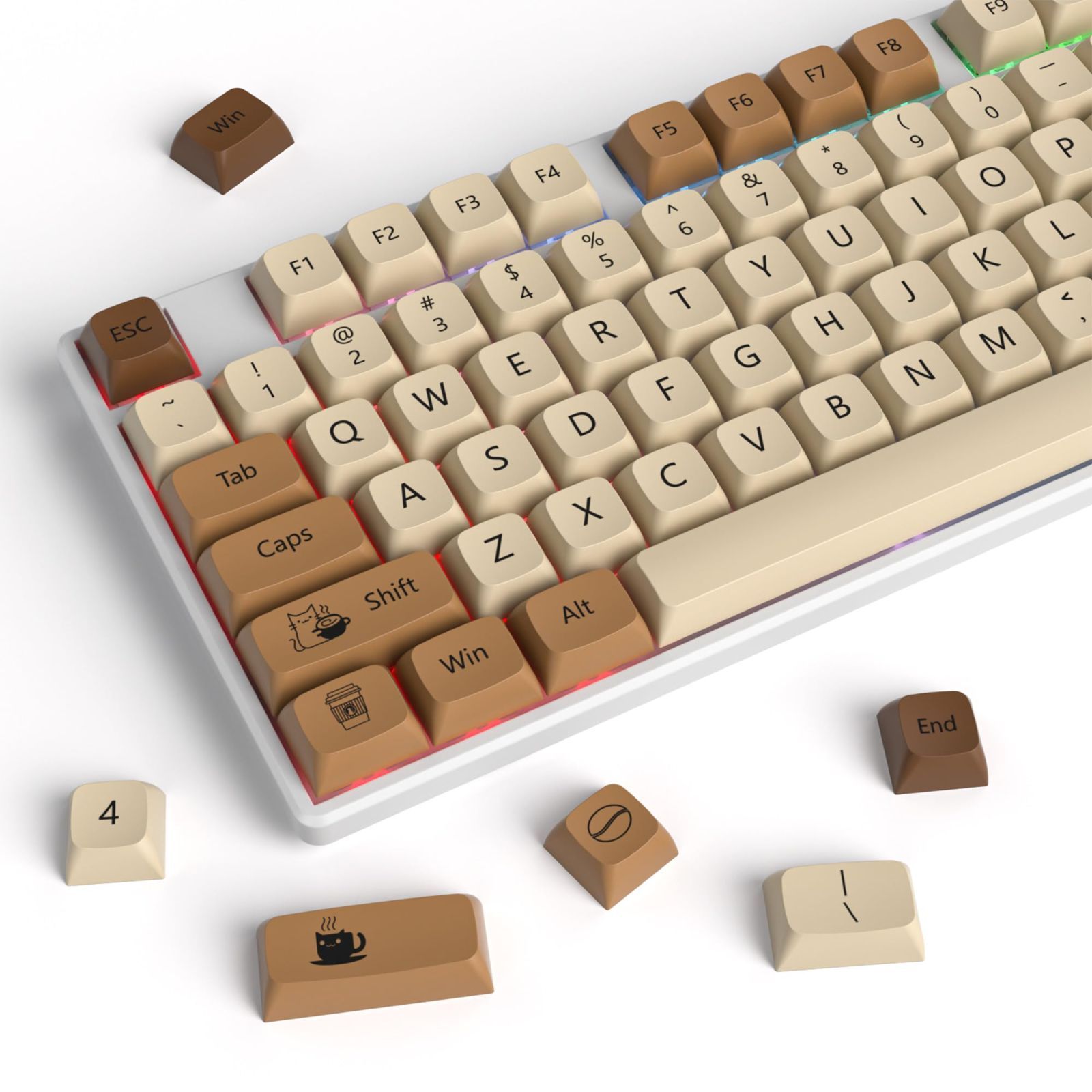 【在庫セール】MX Cherry/Gateron スイッチ キー染料昇華コーヒー猫コスチュームキーキャップセット 60 キーキャップ、138 パーセント/68/GK61 PBT ゲーミングメカニカルキーボード用(Coffe XDA cat)