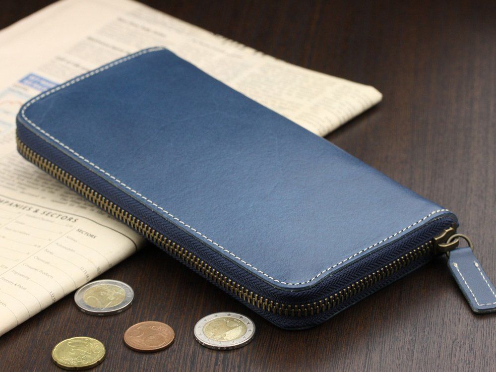 アビエス 日本製 栃木レザー 牛革 本革 ラウンドファスナー長財布 ブルー