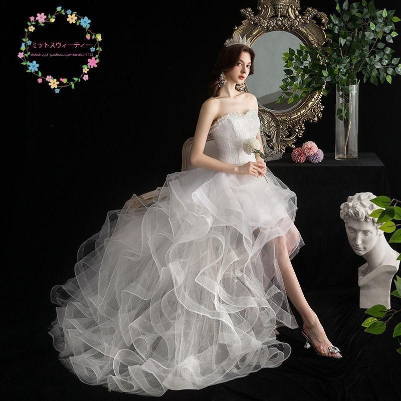 ウェディングドレス 花嫁 二次会 ウエディングドレス 結婚式 ロングドレス フワフワフリルスカート 白 ビスチェ ベアトップ 挙式 披露宴 ブ