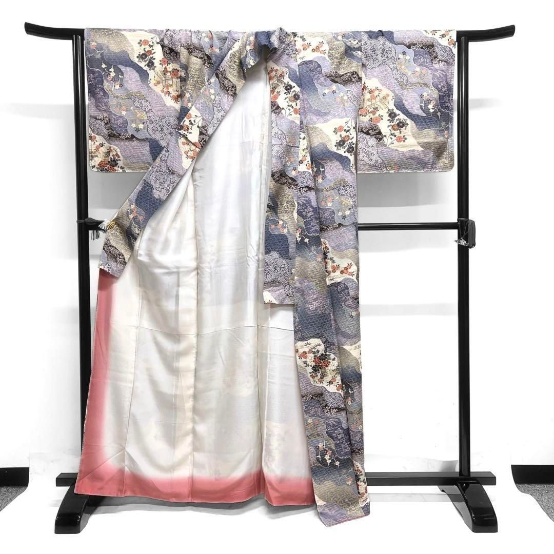 未着用　小紋　金彩　道長取り　菊　桜　梅　霞　流水　観世水　着物　034a d 未着用 小紋 金彩 道長取り 菊 桜 梅 霞 流水 観世水 着物 034a