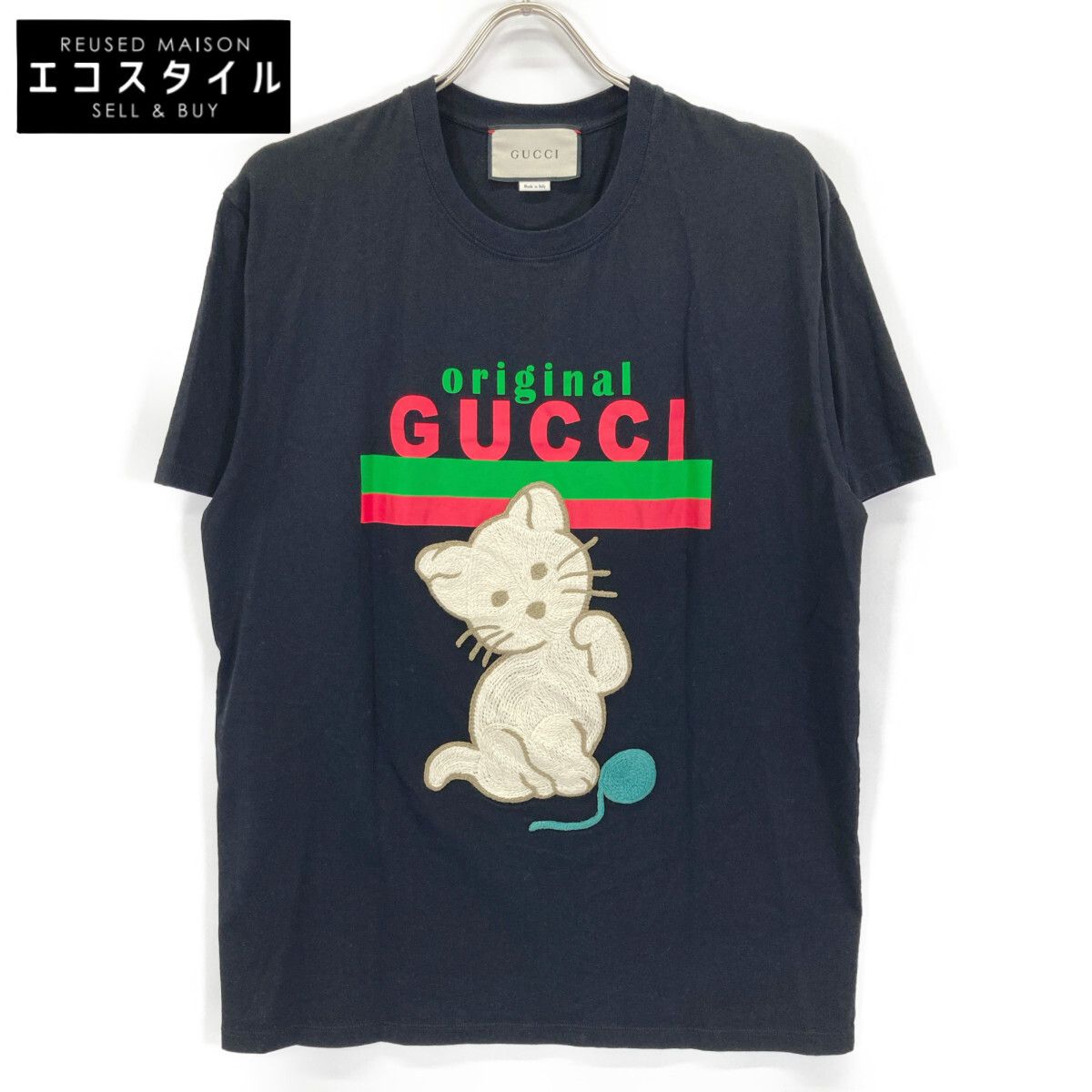 GUCCI グッチ 615044 ﾌﾞﾗｯｸ ﾛｺﾞ 毛糸猫 半袖 Tｼｬﾂ M