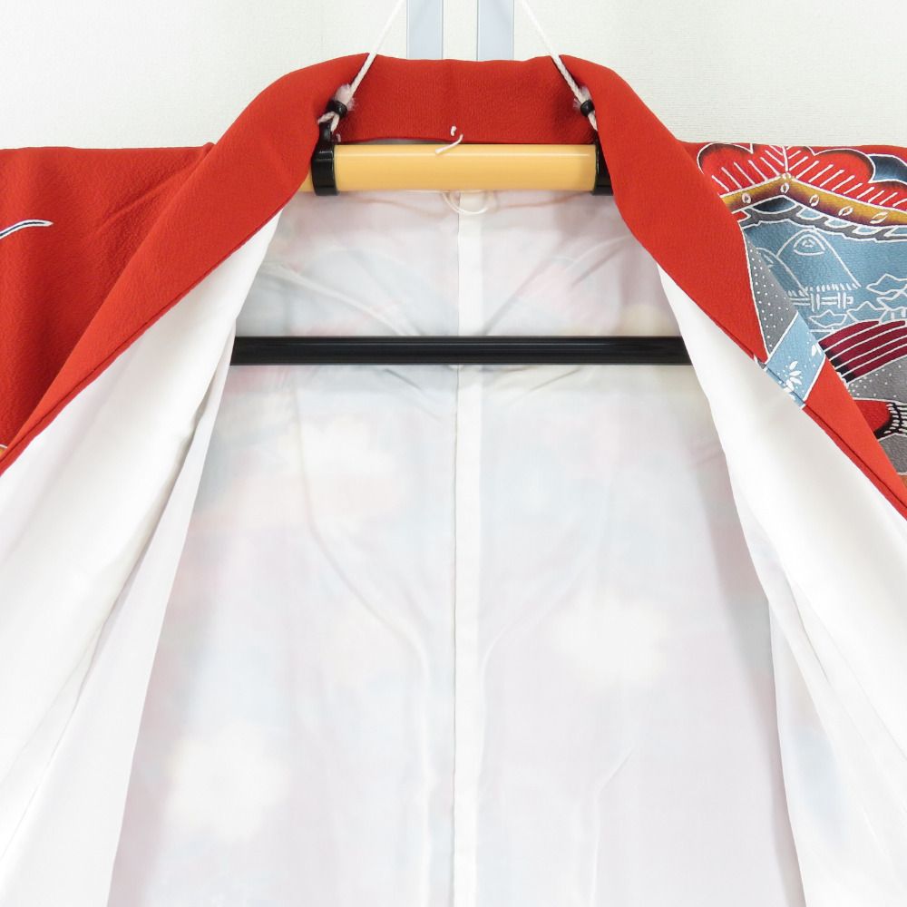 振袖 紅型 風景模様 松竹梅 鳥に流水文様 正絹 袷 広衿 朱色x黒色