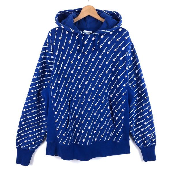 【古着】 Champion チャンピオン スウェット パーカー 総柄 リバースウィーブ 単色タグ 復刻 ブルー系 メンズL 【中古】 n052252