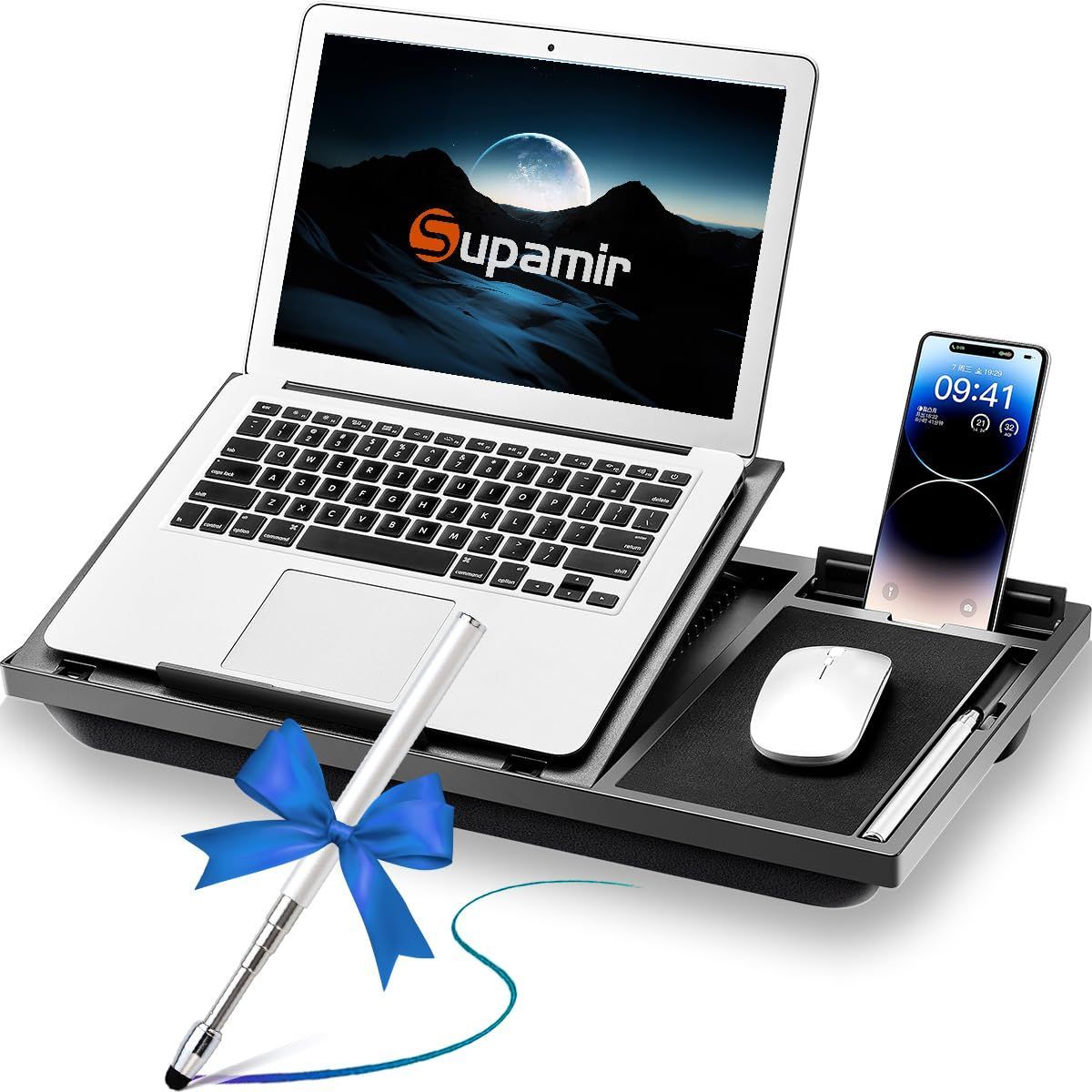 Supamir 膝上テーブル クッションテーブル 角度/高さ調節可 、ベッド用ノートパソコンスタンド ソファ用PCテーブル、マウスパッド付き、スマホホルダー付き、15.6インチ迄のノートPCに対応