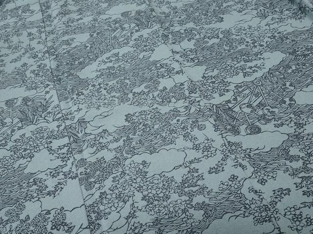 平和屋着物○上質な小紋 藍 型染め 流水器文 鬼しぼ縮緬