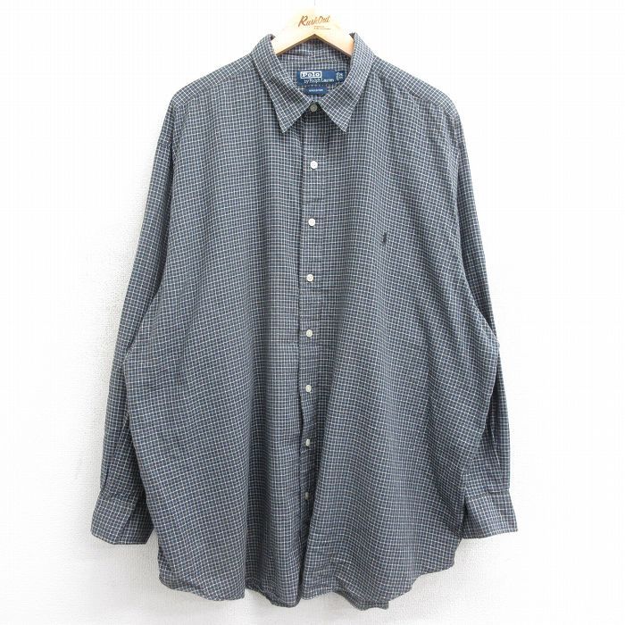 XL/古着 ラルフローレン 長袖 ブランド シャツ メンズ 90s ワンポイントロゴ 大きいサイズ ロング丈 コットン 濃グレー他 チェック 24jan15