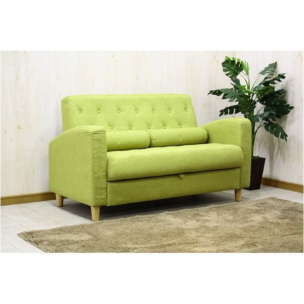 2人掛けソファ　爽やかグリーン　クッション2個付き ソファー 約幅123cm 2人掛け グリーン ファブリック 座面下収納