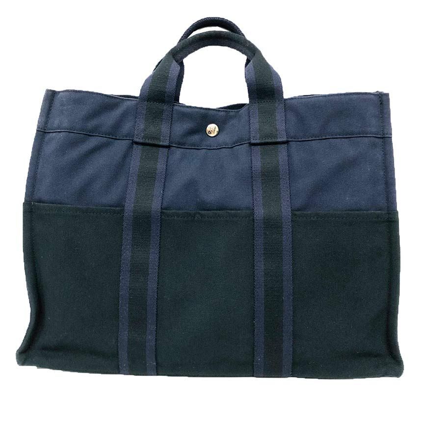 HERMES エルメス フールトゥMM トートバッグ キャンバス ネイビーブラック aq12086