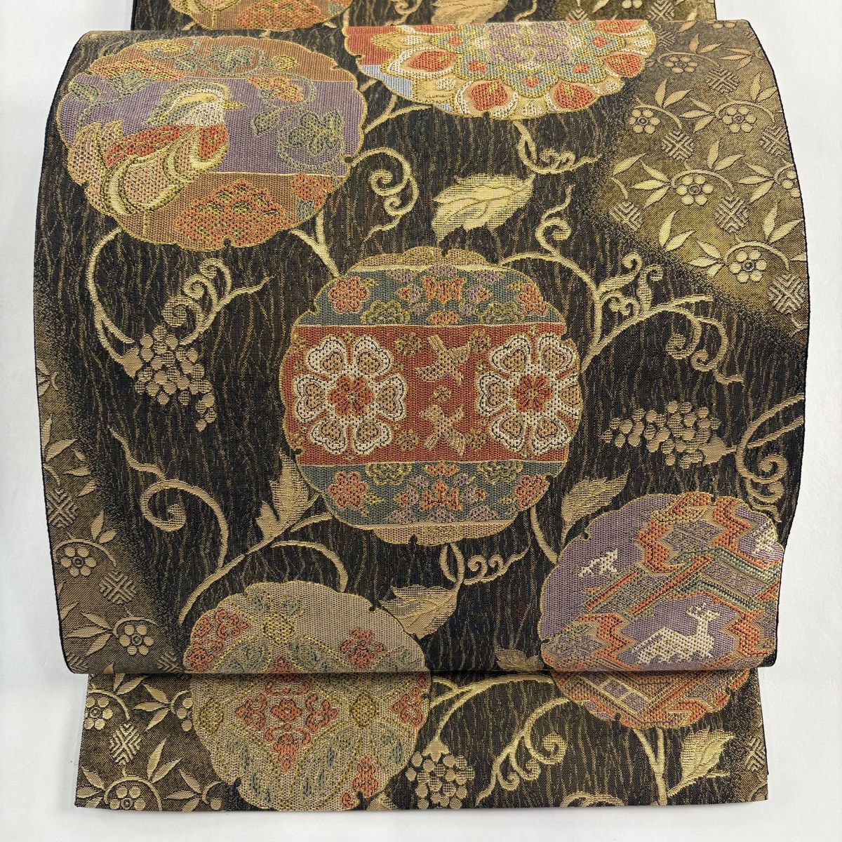 中古美品 袋帯 唐草花模様 金×緑系■N70805-6 中古美品 袋帯 唐草花模様 金×緑系□N70805-6 袋帯 美