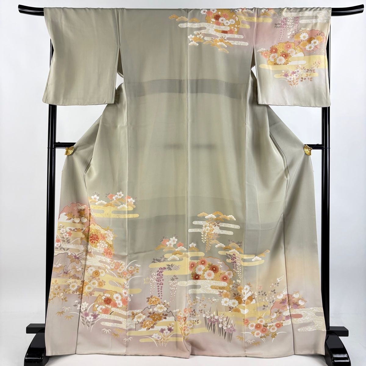 訪問着 身丈170cm 裄丈68cm L 袷 雪輪 草花 金彩 金糸 灰緑 正絹 秀品