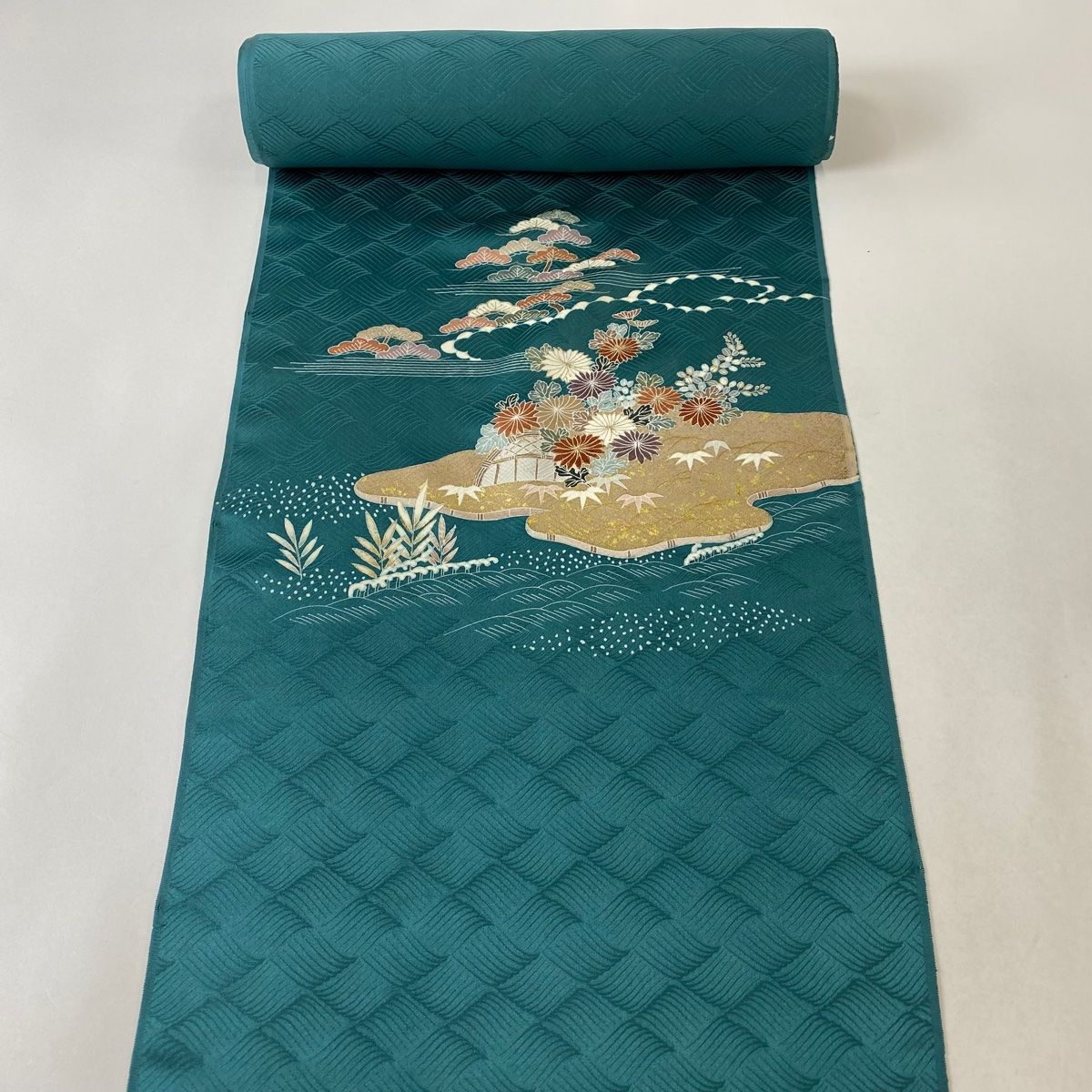 反物 秀品 付下げ 家屋 草花 金彩 金糸 緑 正絹