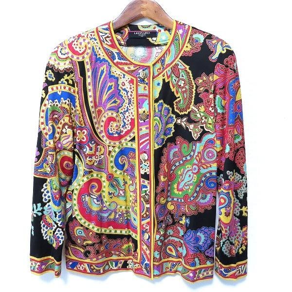 anc レオナール LEONARD カーディガン M 黒 マルチ 金ボタン シルク混