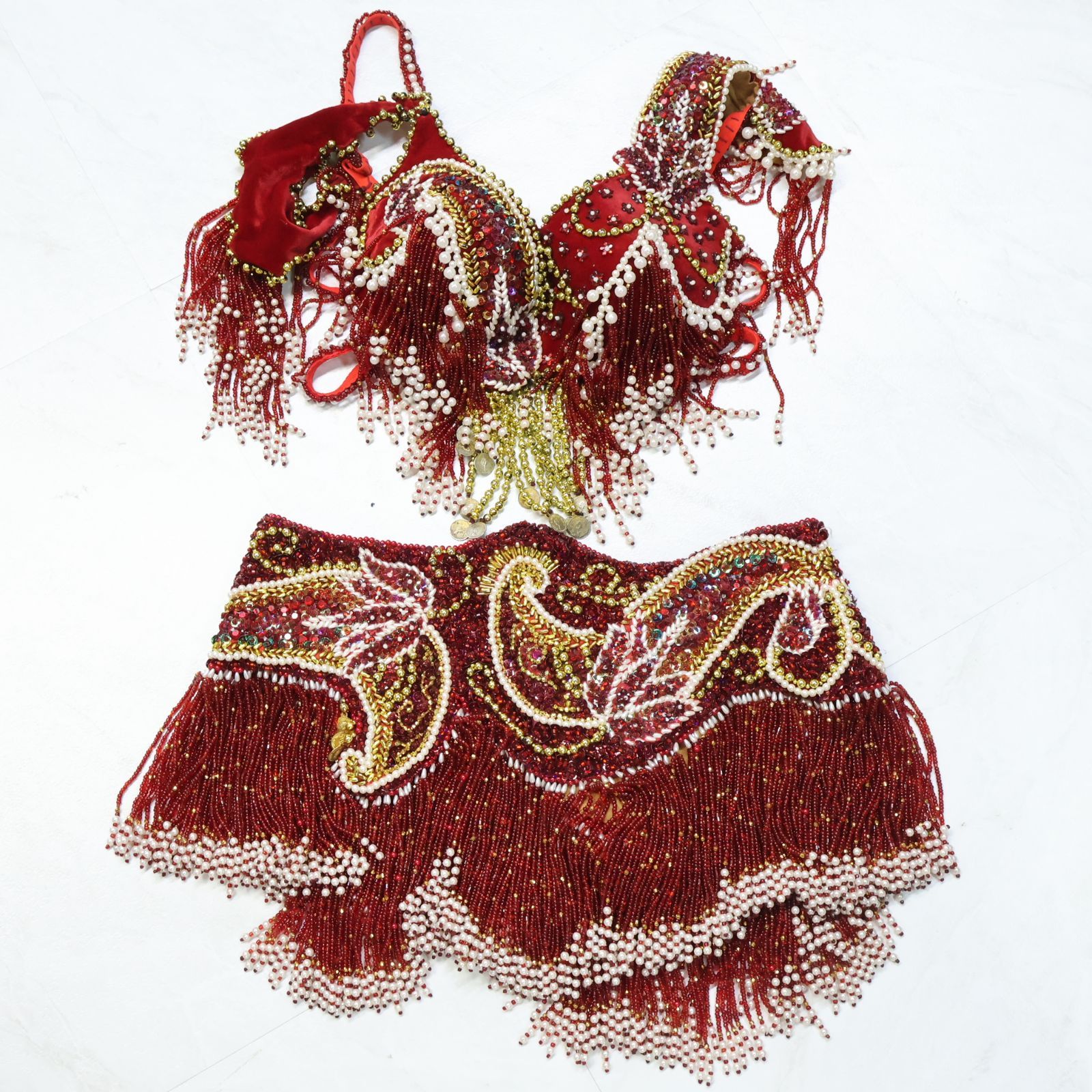 【ベリーダンス用 オリエンタル衣装】レッド スパンコールラメ多数 赤 ビーズ ベリーダンス用 オリエンタル衣装】レッド スパンコールラメ多数 赤
