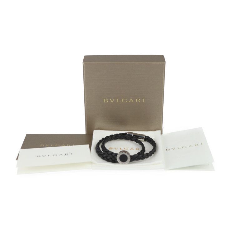 BVLGARI ブルガリ ブルガリ・ブルガリ マン レザーブレスレット ブレスレット 291243 カーフレザー ブラック シルバー金具 2重巻  編み込み 【本物保証】