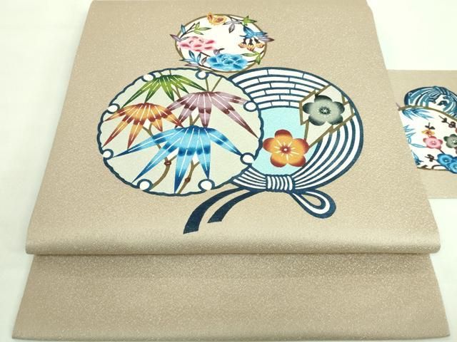 平和屋着物■極上　本場琉球紅型　つけ帯　雪輪花丸文　小田急百貨店扱い　逸品　DZAB0474kh5 平和屋着物□極上 本場琉球紅型 九寸名古屋帯 雪輪花丸文 洗柿色地 銀