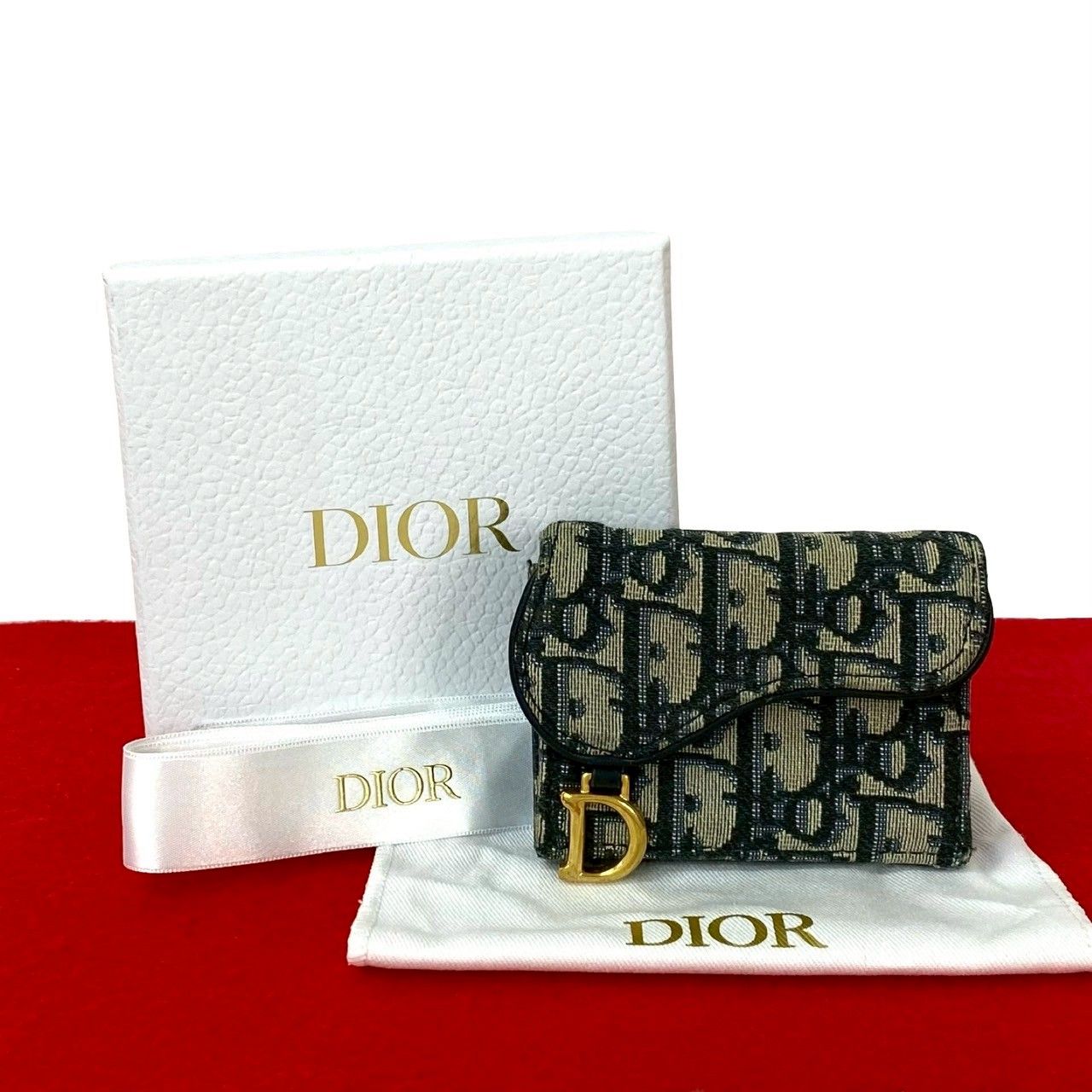 箱 袋付き Christian Dior ディオール トロッター 柄 キャンバス レザー 本革 三つ折り財布 ミニ ウォレット ネイビー 25171