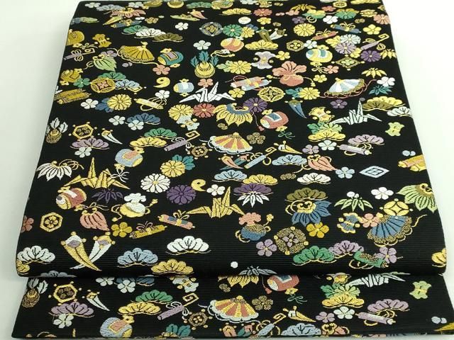 平和屋着物 上 六通柄袋帯 唐織 宝尽くし小袖 黒地 金糸 DZAA9516kh5