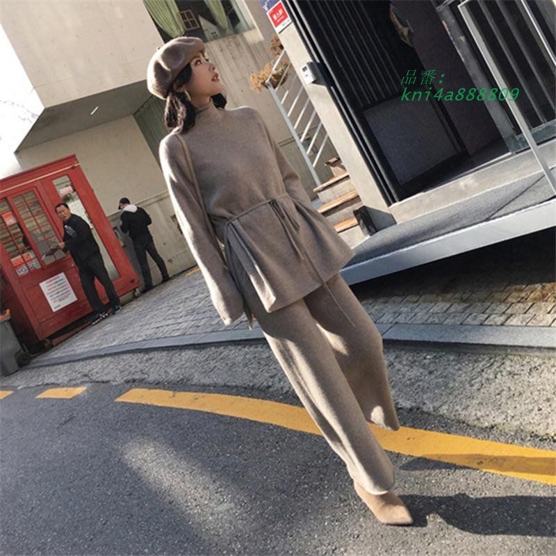 セットアップ レディース ニット 秋冬 ニット セーター ゆったり ハイネック ワイドパンツ 長袖 上下セット チノパン カジュアル kni4a888809