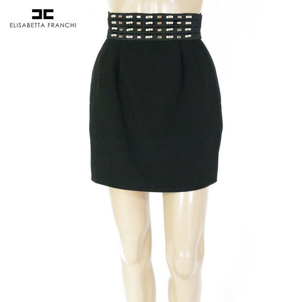 80 OFF エリザベッタフランキ ELISABETTA FRANCHI スカート38 ESK705 XS Sサイズ ブラック レディース ミニ丈スカート パール ラインストーン タック入りイタリア製