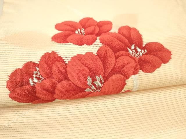 平和屋着物＊夏物 絽綴れ 八寸名古屋帯 よろけ縞 薄卵色 正絹 逸品