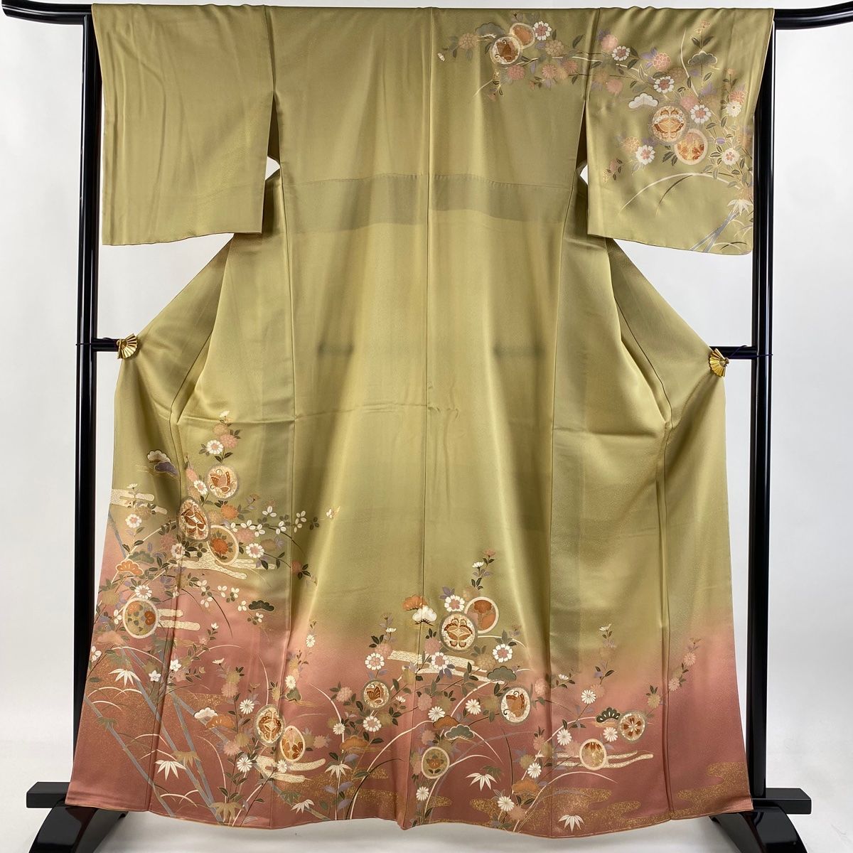 訪問着 身丈162cm 裄丈64cm M 袷 蝶 草花 金彩 ぼかし 鶯色 正絹 秀品