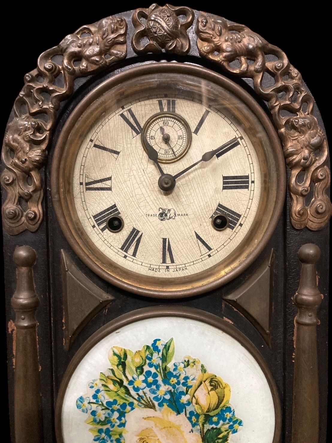 TAKANO タカノ 高野 製 アンティーク ヴェネチアンキーワインドマントルクロック 置時計 スモールセコンド付き ガラス絵 パンジー 真鍮 ゼンマイ式 ボンボン 大正ロマン 古時計 レトロ 時代物 年代物 古美術 骨董 N25J 出西 27