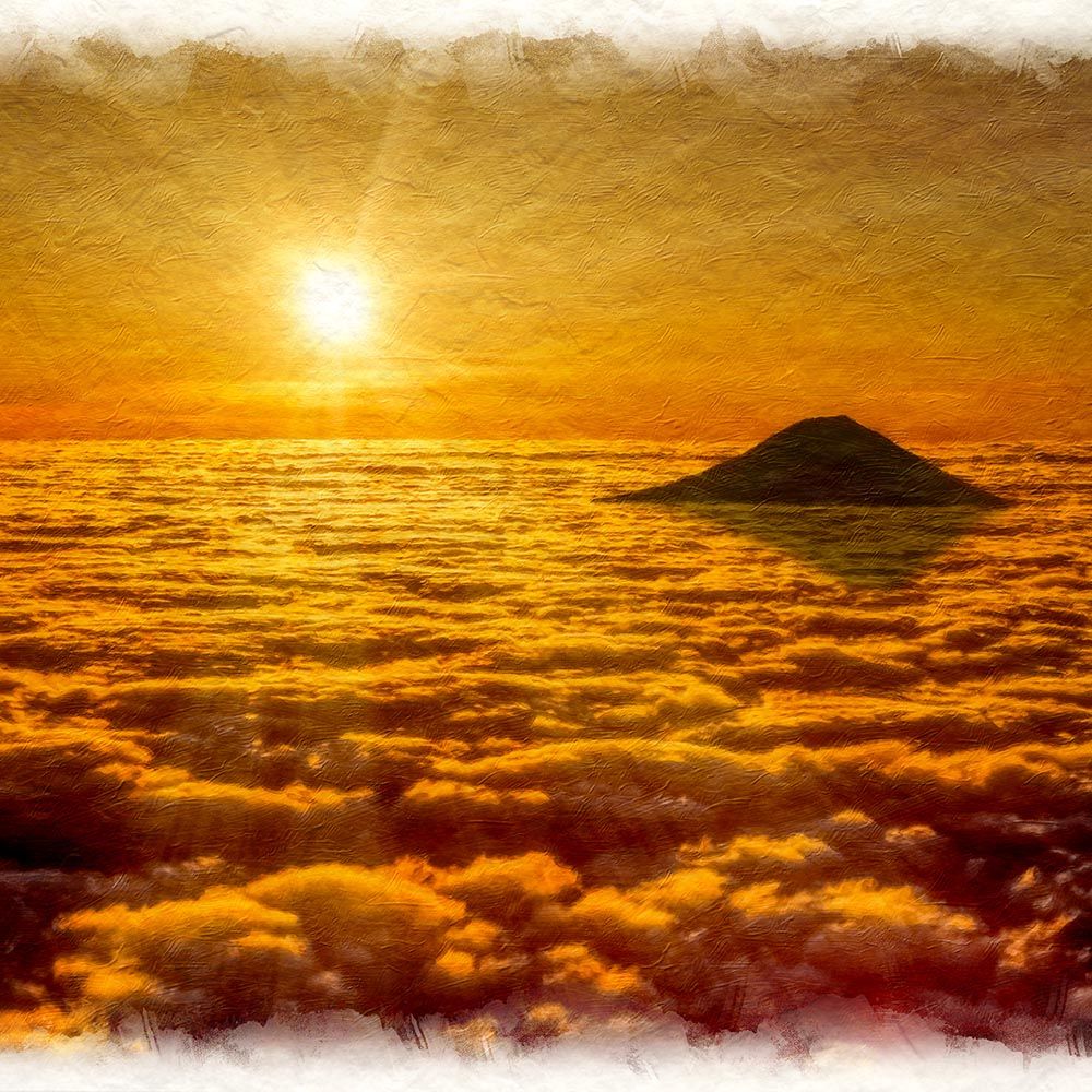 和紙の絵写真 「朝日と黄金色の雲海の富士山」 パネル付き 48x33cm