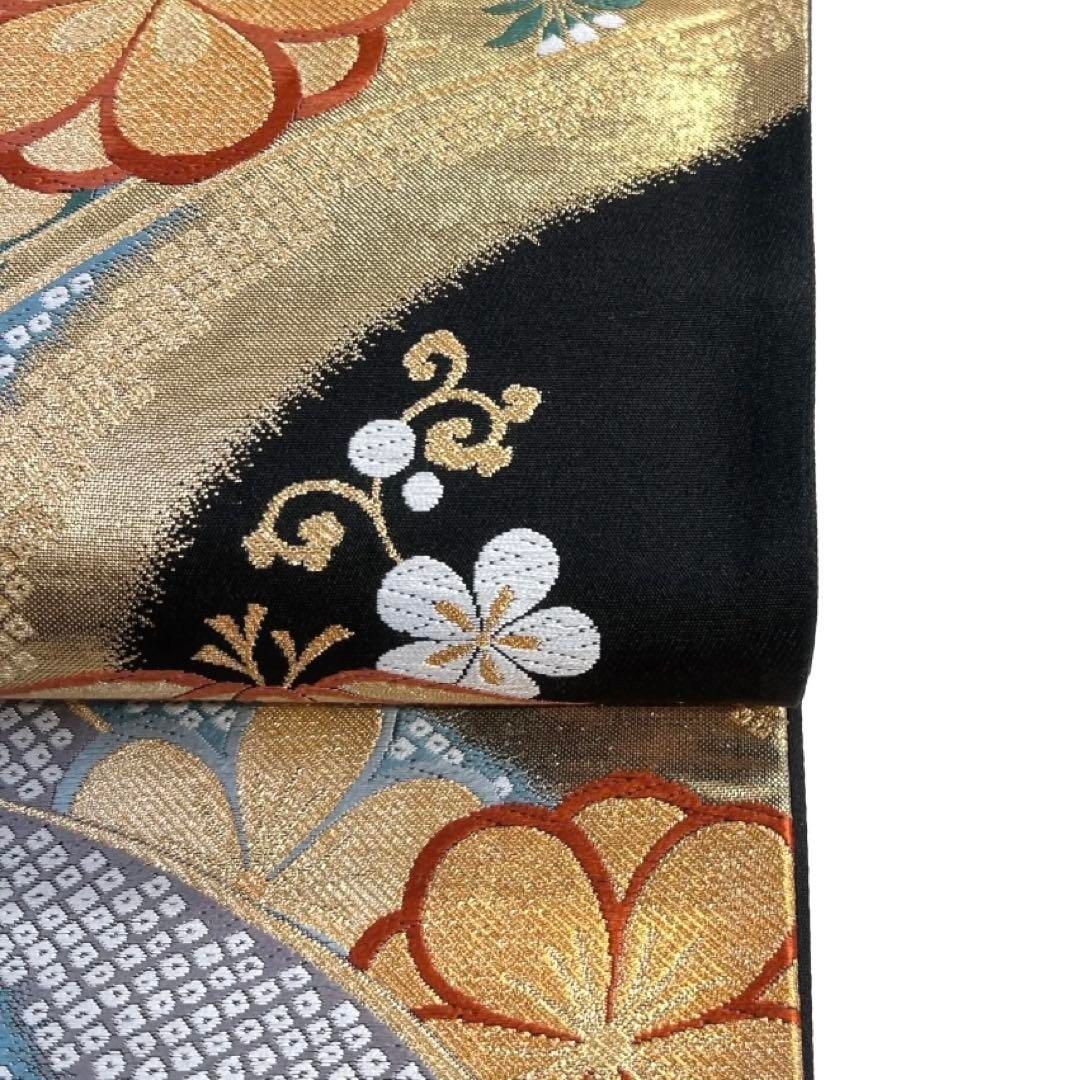振袖帯　流水　金糸　梅花　竹　菊　鹿の子　黒地　袋帯　着物　041a d 振袖帯 流水 金糸 梅花 竹 菊 鹿の子 黒地 袋帯 着物 041a d