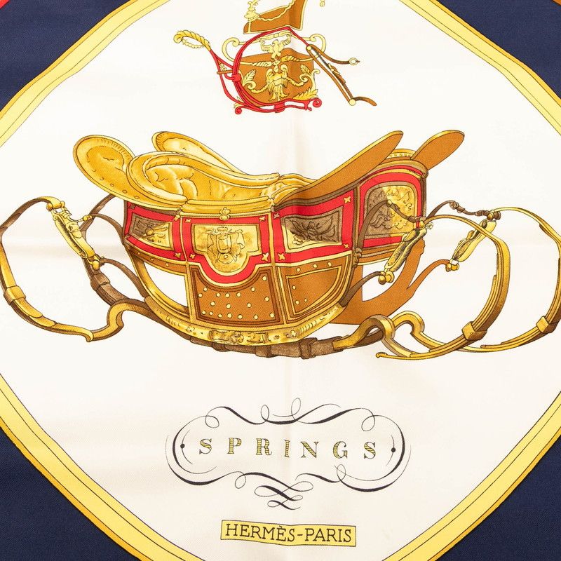 エルメス カレ90 SPRINGS スプリングス ベージュ ネイビー マルチカラー シルク レディース HERMES 1-0235445
