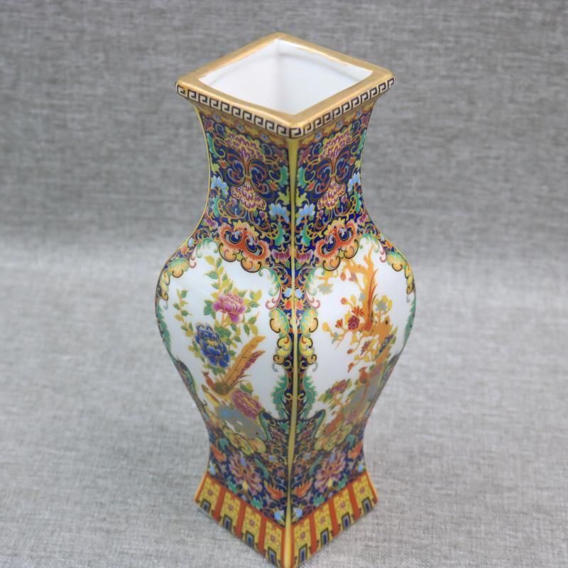 琺瑯彩蒔絵花鳥四方瓶 挿花器 景徳鎮 陶磁器 装飾品 現代工芸品