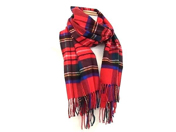 Johnstons of Elgin ジョンストンズ オブ エルガン カシミヤ チェック柄 フリンジ マフラー ストール レッド系 FL9493