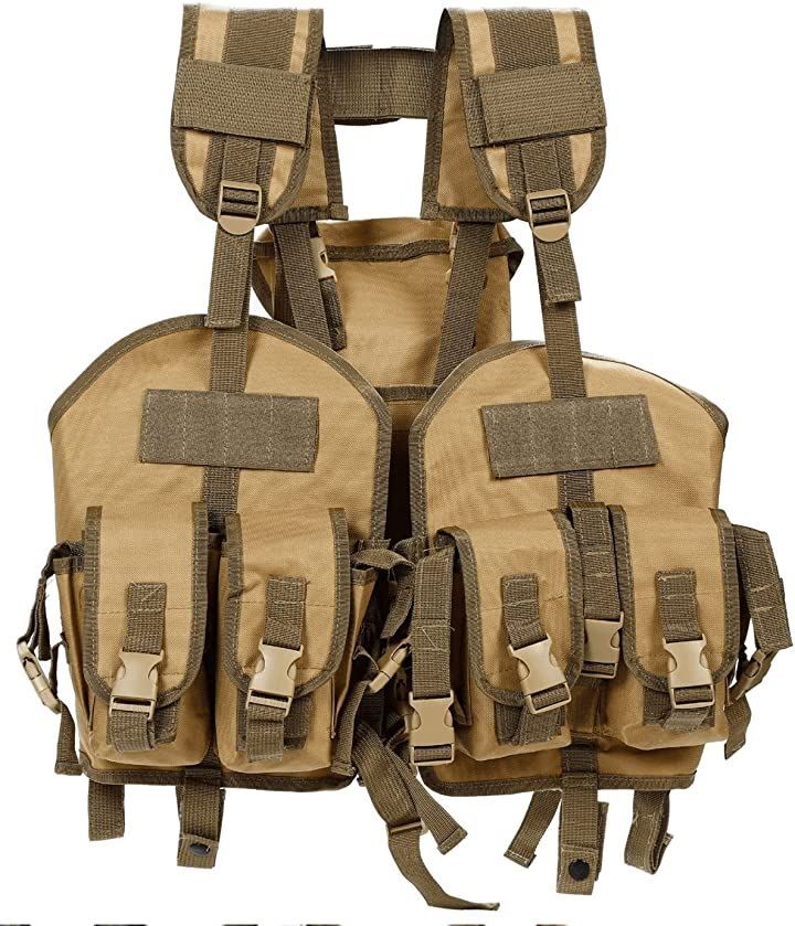 Zakya 互換品 チェストリグ サバゲー ベスト タクティカルベスト プレートキャリア マガジンポーチ チョッキ アーマー 装備 ミリタリーベスト 多機能収納ポーチ(カーキ，  Free Size)