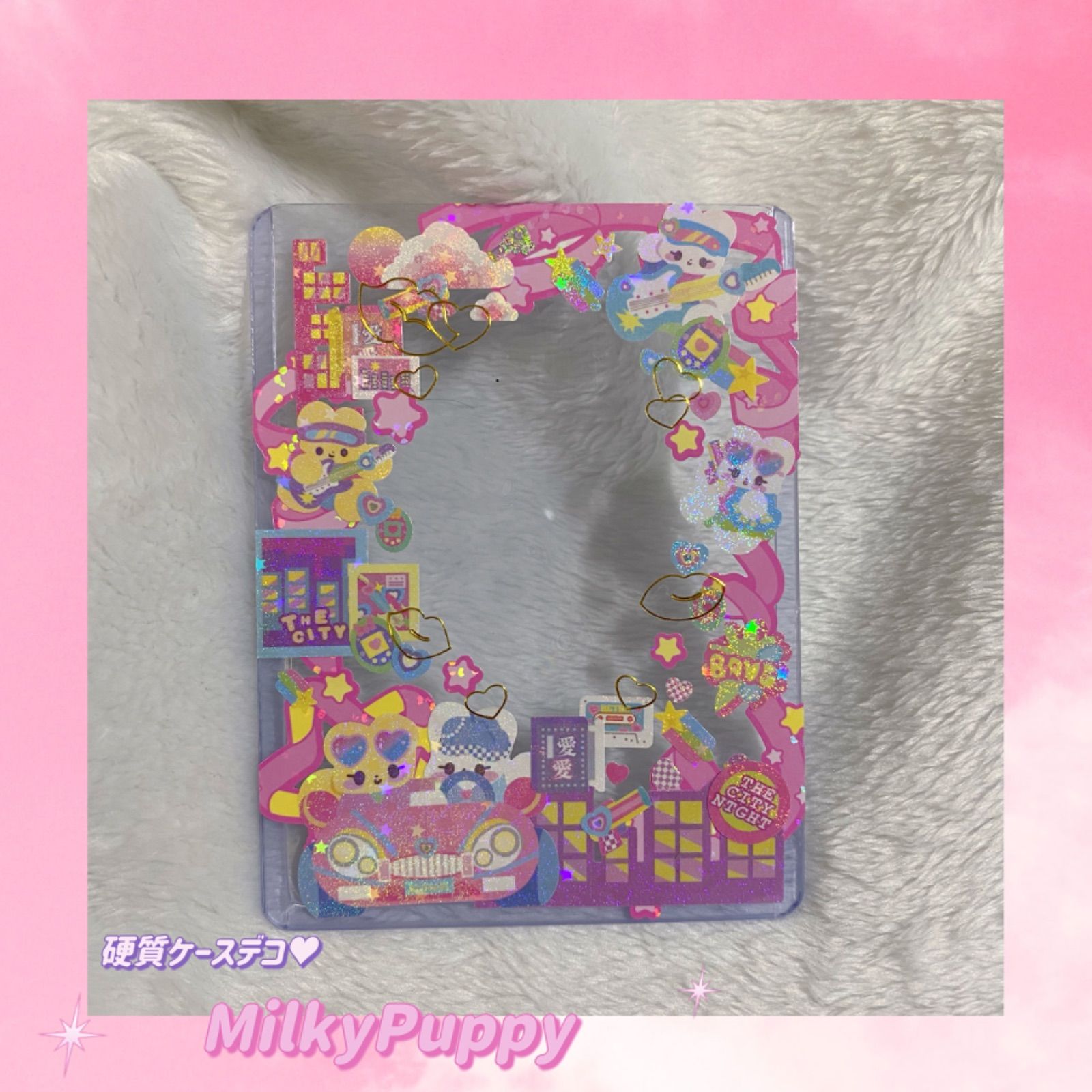 メルカリshops レトロ ピンクパニック 硬質ケースデコ デコトレカケース 韓国作家シール使用