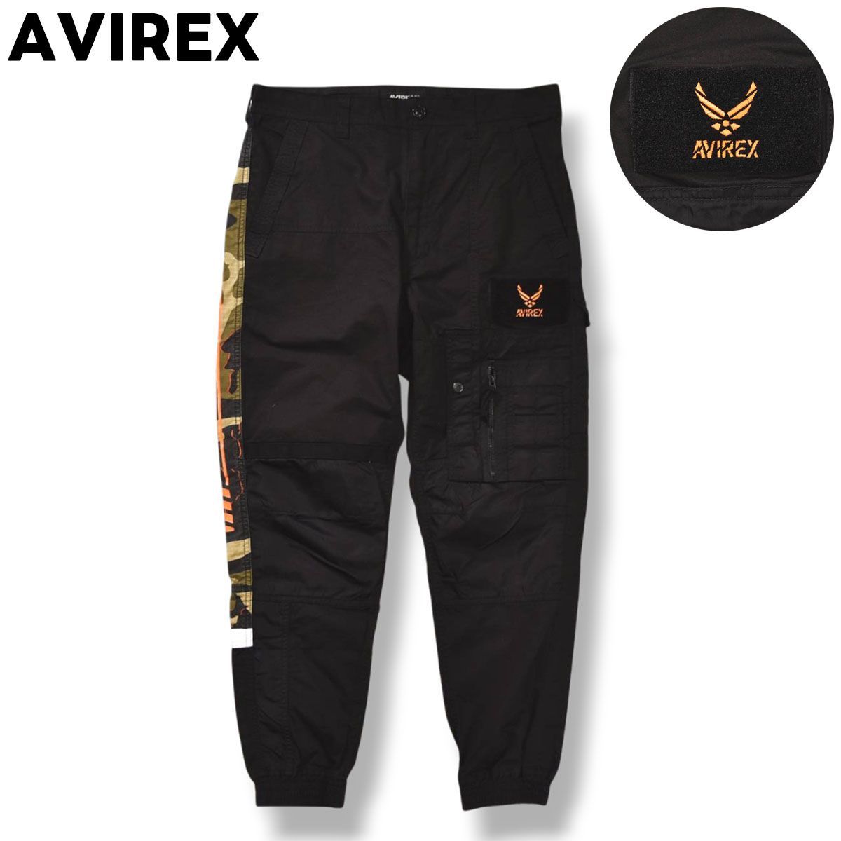 アヴィレックス AVIREX コンビネーション カスタム ジョガー パンツ ジップアップ ロゴ プリント 刺繍 パッチワーク 異素材 切替 L ブラック x 迷彩柄 ストリート ミリタリー カジュアル ウェア メンズ