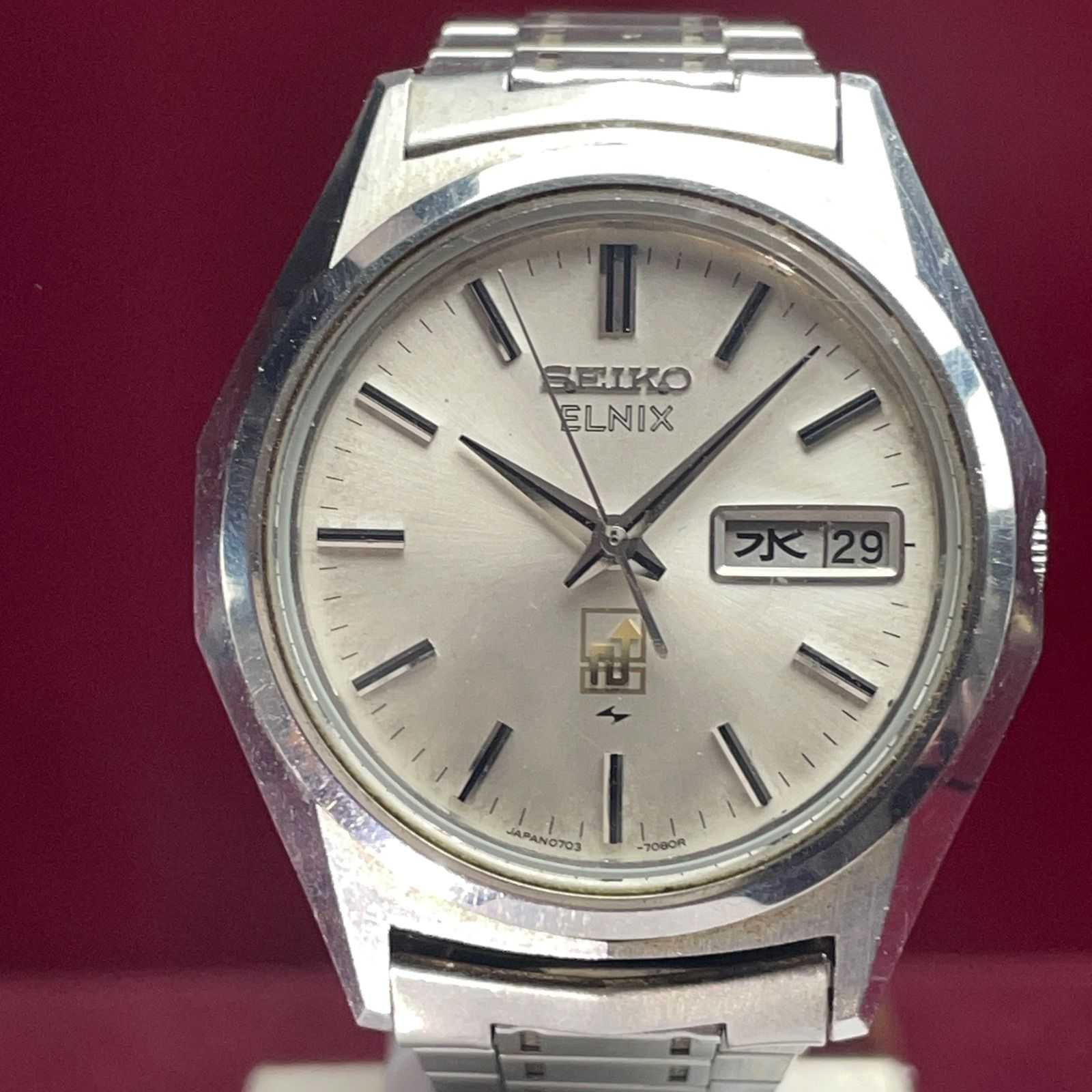 OH済 70s SEIKO ELNIX 電磁テンプ式 純正SSブレス 日本製 ヴィンテージ アンティーク 稼働品 エルニクス デイデイト セイコー 腕時計