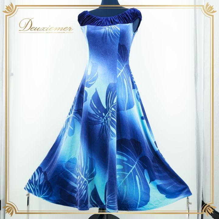 フラダンス 衣装 ワンピース ドレス ブルー系 フラ ダンス ベロア モンステラ柄 青 水色 光沢 感 華やか 鮮やか ハワイ製 ハワイアン アロハ グラデーション 上品 ハワイアンプリント かわいい