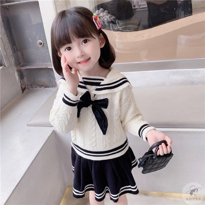 長袖ニットセットアップ 子供服 カジュアル キッズ 女の子 リボン ニット セーター セーラー スカート 春 秋 冬 上下セット 学院風 通学 小学生 卒業式 入学式 Plgn801