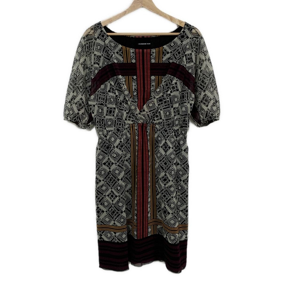 VIVIENNE TAM ヴィヴィアンタム ワンピース サイズ0 XS レディース - ベージュ×黒×マルチ クルーネック|半袖|ひざ丈|メッシュ