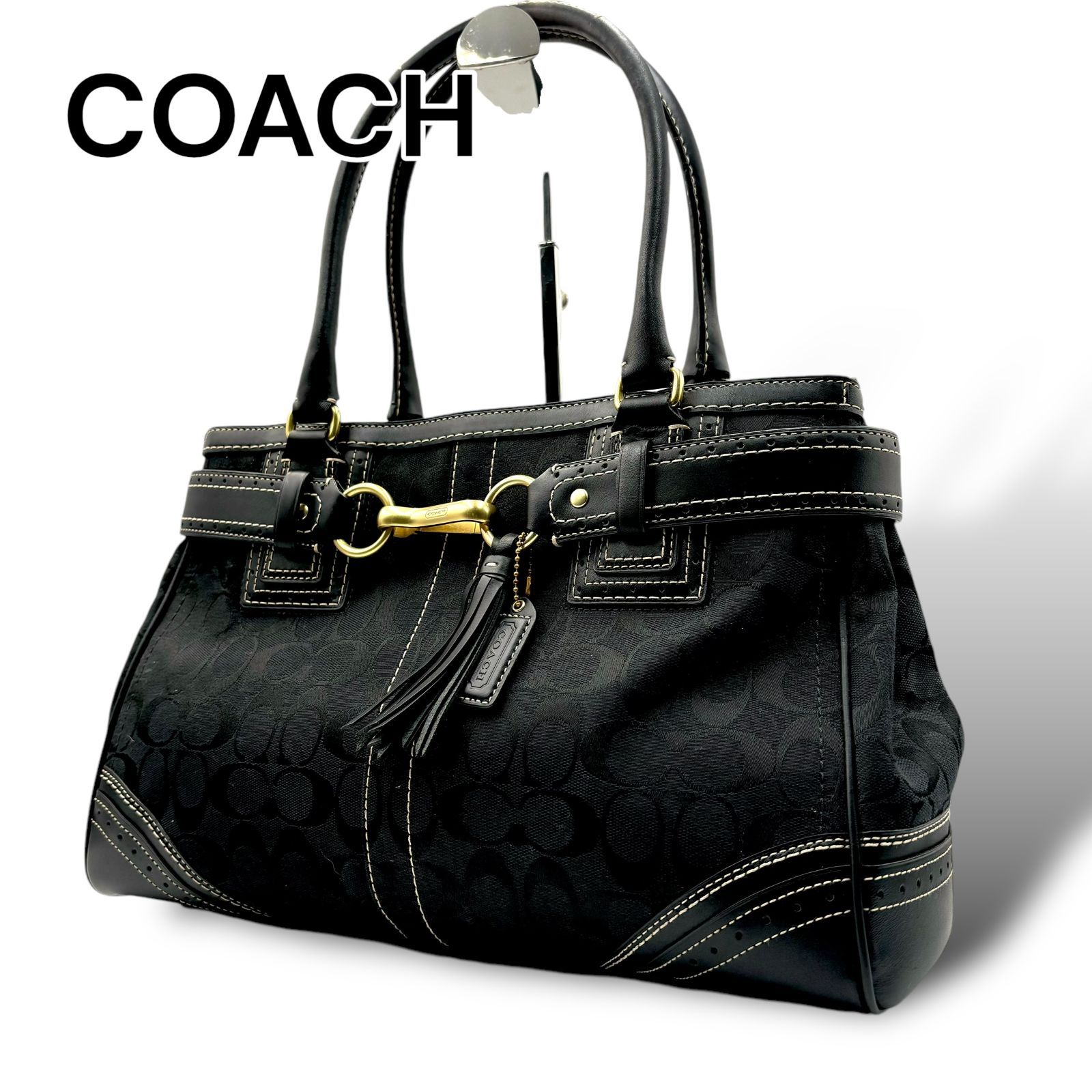 極美品】COACH コーチ シグネチャー ハンドバッグ キャンバス ブラック 