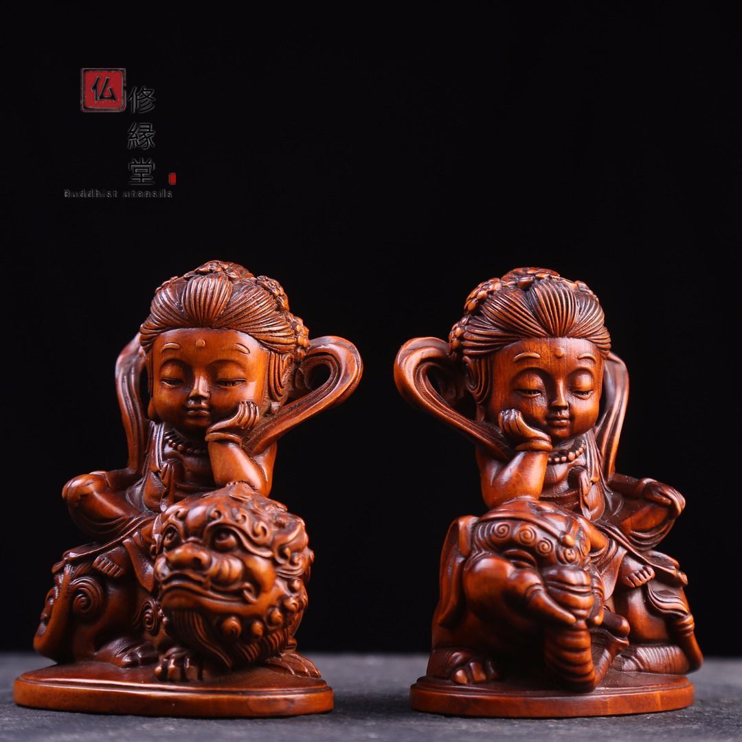 修縁堂】木彫り 仏像 文殊菩蕯 普賢菩薩座像一式 彫刻 仏教工芸品 柘植 