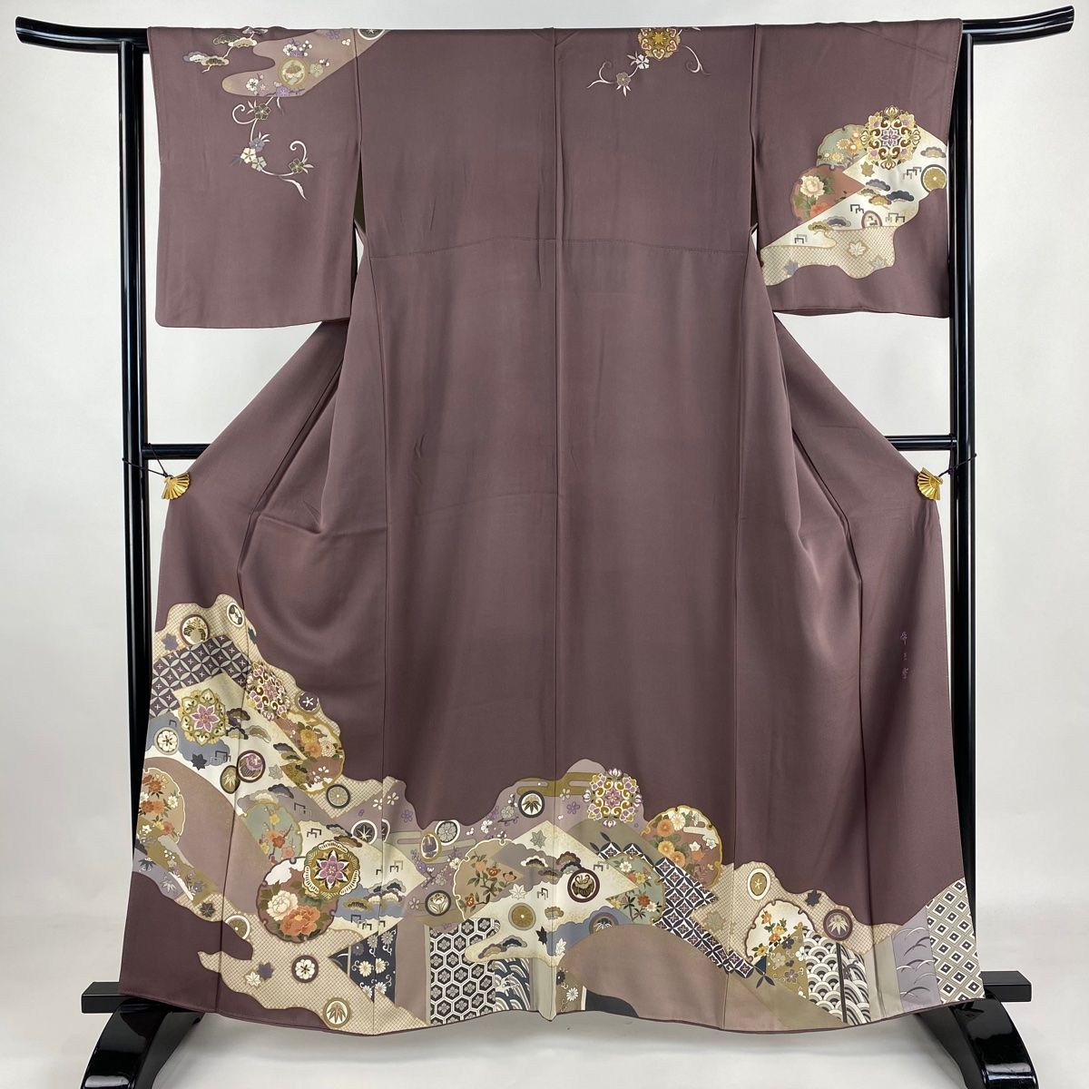 訪問着 身丈162cm 裄丈64.5cm M 袷 帝王紫 落款 華文 雪輪 刺繍 金糸