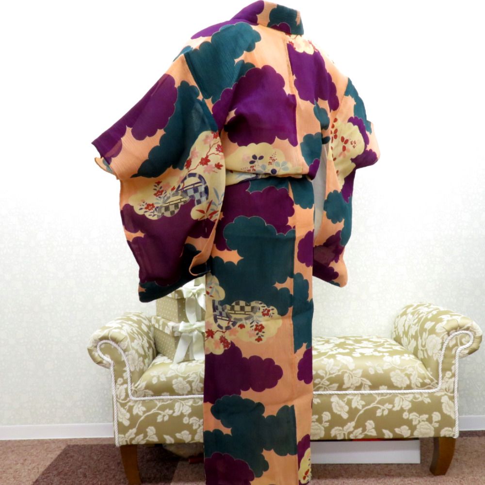 夏着物 昔 アンティーク 昔着物 ピンク 多色 雲取 花 風景 バチ衿 正絹 レトロモダン 明治 大正ロマン サイズ小さめ 身丈149.4cm