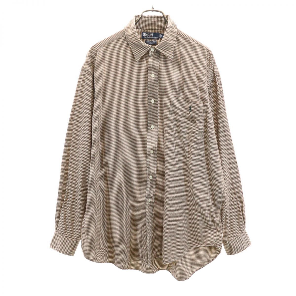 ポロバイラルフローレン 90s オールド ピスネーム チェック柄 長袖 シャツ L ブラウン系 Polo by Ralph Lauren メンズ 古着 【240222】