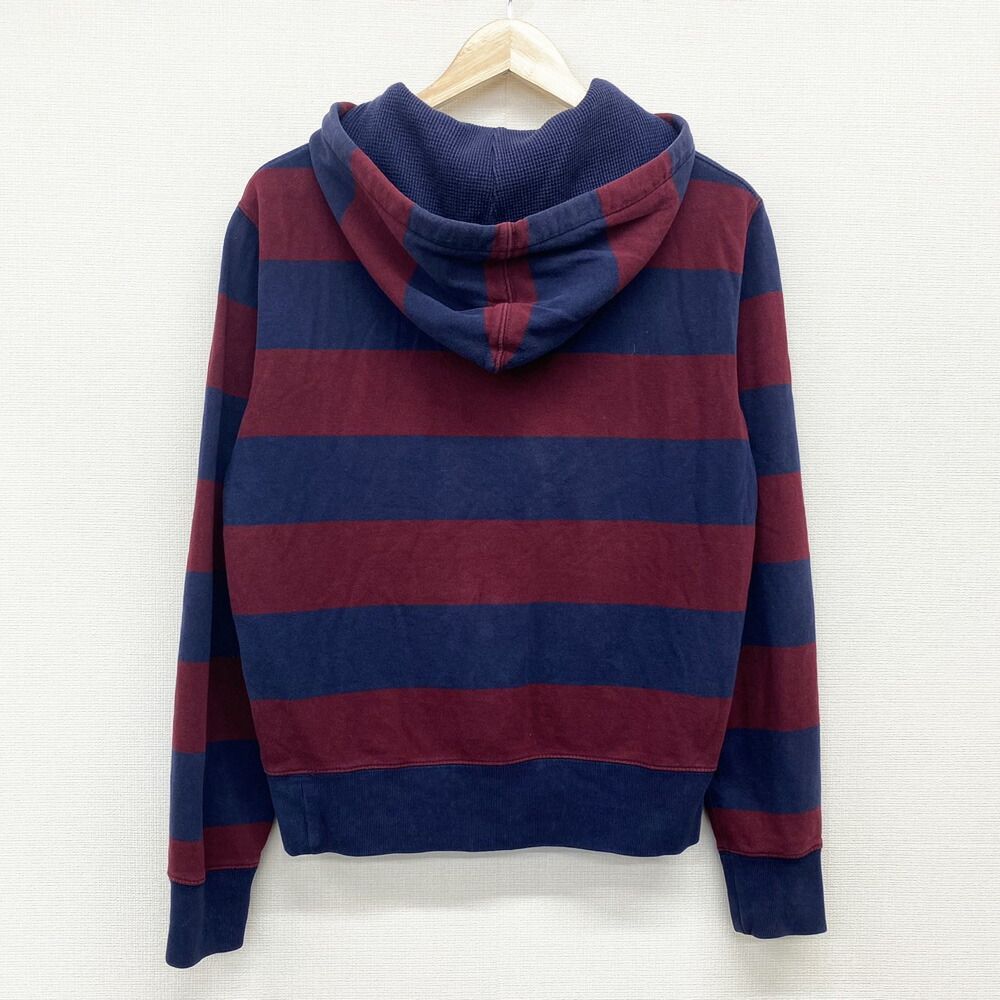 ポロ ラルフローレン Polo by Ralph Lauren プルオーバー スウェットラガーパーカー フーディ 太ボーダー柄 裏起毛 ロゴ 刺繍 サイズ：S ネイビー×エンジ