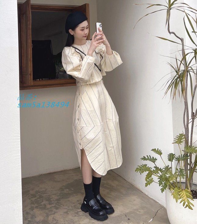 セットアップ ブラウス スカート 韓国 ストリート オルチャン 長袖 ストライプ柄 レディース 原宿系衣装 am5a138494