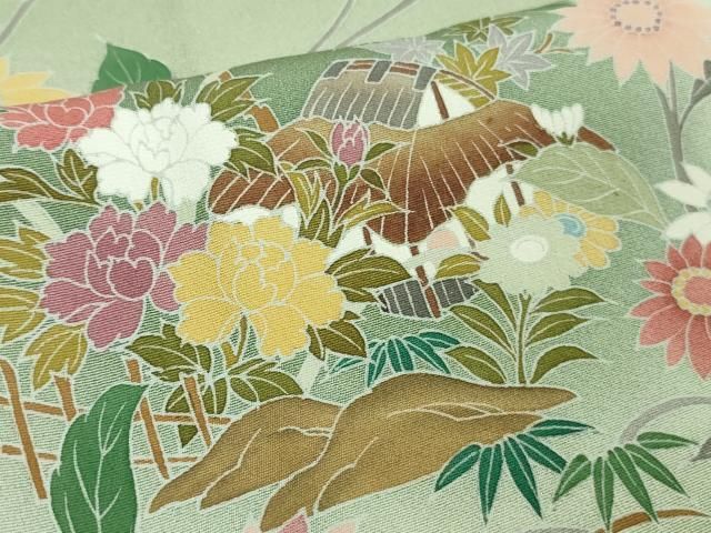 平和屋着物□極上 訪問着 友禅 風景花文 暈し染め 裏葉柳色地 逸品 未