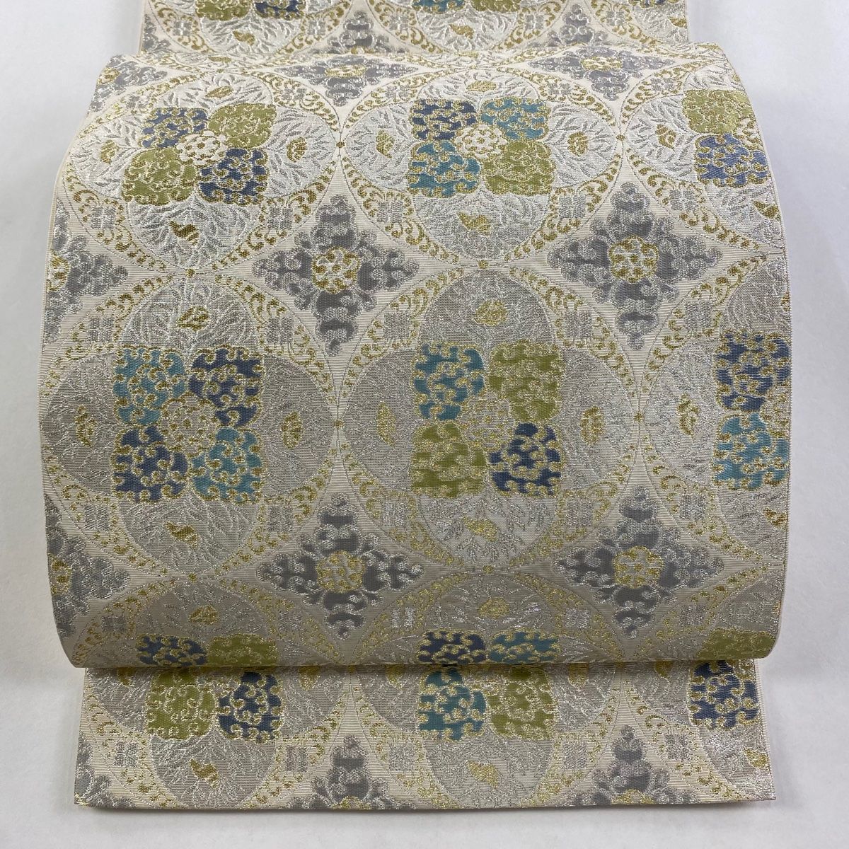 袋帯 川島織物 落款 華文 金銀糸 箔 クリーム 六通 正絹