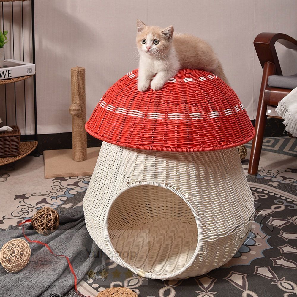 キノコ型ペットベッド おしゃれでかわいい｜小型猫用｜通気性◎ナチュラルデザイン｜コンパクトペットハウス